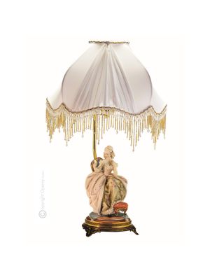 DAMA CON SPECCHIO - LAMPADA Abat-jour Tavolo Porcellana Capodimonte Made in Italy