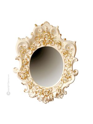 SPECCHIERA CRISTALLI & ROSE Specchio decorativo ceramica artistica stile Barocco dettaglio oro 24k Made in Italy