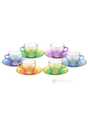 ARCOBALENO Set 6 tazze tazzine espresso con piattino dipinte a mano in vetro di qualità superiore.