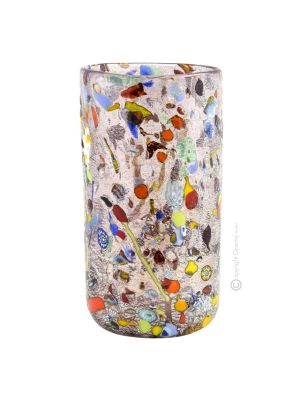 VASO ARLECCHINO autentico vetro soffiato di Murano con Murrine e foglia argento 925 fatto a mano Made Italy