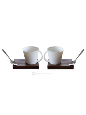 KRISTIAN 1 set 2 tazze con portatazza in legno e cucchiaino porcellana stile moderno fatto a mano autentico Made in Italy