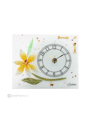 GERBERA - Orologio da tavolo vetro trasparente foglia oro 24k, design floreale, fatto a mano