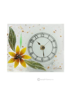 GIRASOLE - Orologio da tavolo vetro trasparente foglia oro 24k, design floreale, fatto a mano