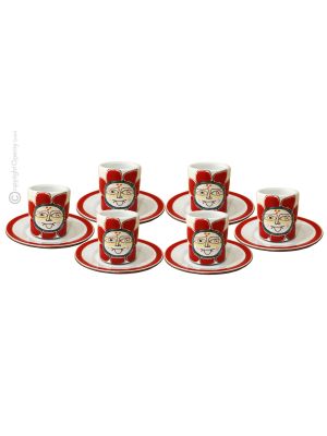 TAZZINE SOLE ROSSO set 6 Tazzine con piattini da caffè espresso ceramica fatta a mano autentica Sicilia Made in Italy