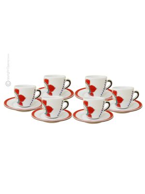 TAZZINE SOLE ROSSO set 6 Tazzine con piattini da caffè espresso ceramica fatta a mano autentica Sicilia Made in Italy