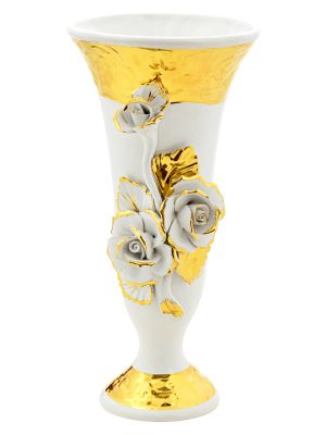 VASO CALICE ROSE Vaso Ceramica Creazioni Artistiche Stile Barocco Oro 24k Made in Italy