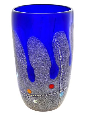 VASO GOCCIA autentico vetro soffiato di Murano con Murrine e foglia argento 925 fatto a mano Made Italy