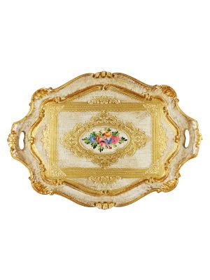 VASSOIO BAROCCO OVALE Vassoio Legno Decorazioni Oro FioriFondo Bianco Lavorato Dipinto Mano Made in Italy