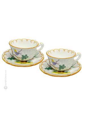 TAZZE UCCELLINI set tazze da tè cappucino con piattino ceramica di Castelli fatta a mano autentica Abruzzo Made in Italy