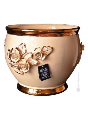 PORTAVASO Porta pianta ceramica artistica stile Barocco colore oro 24k cristalli swarovski