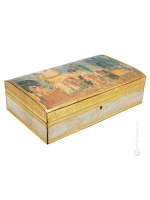 SCATOLA in legno decorata con foglia oro e con stampa riproduzione del 1800 cofanetto scrigno fatto e dipinito a mano Made in Italy