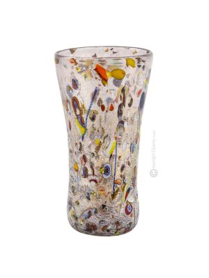 VASO ARLECCHINO autentico vetro soffiato di Murano con Murrine e foglia argento 925 fatto a mano Made Italy