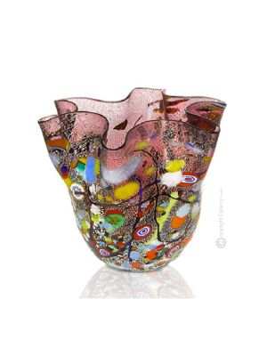 FAZZOLETTO ARLECCHINO Centrotavola ciotola autentico vetro soffiato di Murano con Murrine e foglia argento 925 Made Italy