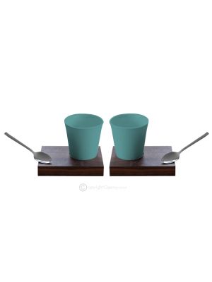 KRISTIAN set 2 tazze con portatazza in legno e cucchiaino porcellana stile moderno fatto a mano autentico Made in Italy