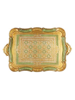 VASSOIO DORATO TAPPETO VERDE Vassoio Legno Decorazioni Oro Verde Lavorato Dipinto Mano Made in Italy